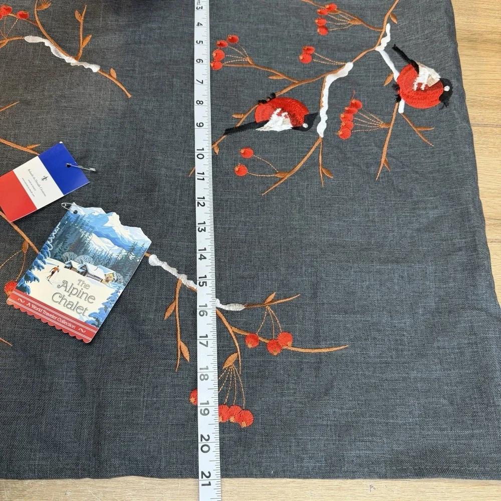 Rolande du Dreuilh Alpine Chalet Embroidered Table Runner Red Snow Birds Berries